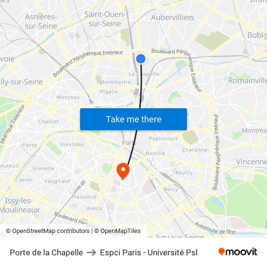 Porte de la Chapelle to Espci Paris - Université Psl map
