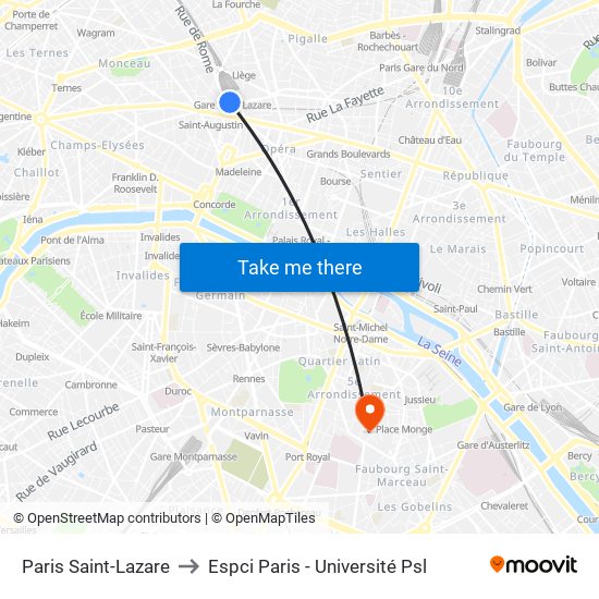 Paris Saint-Lazare to Espci Paris - Université Psl map