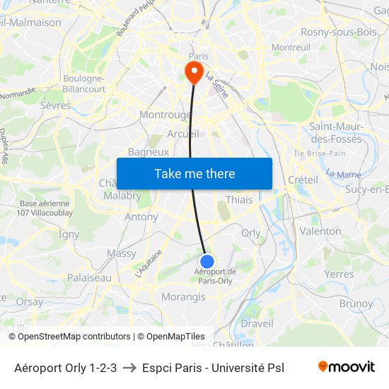 Aéroport Orly 1-2-3 to Espci Paris - Université Psl map