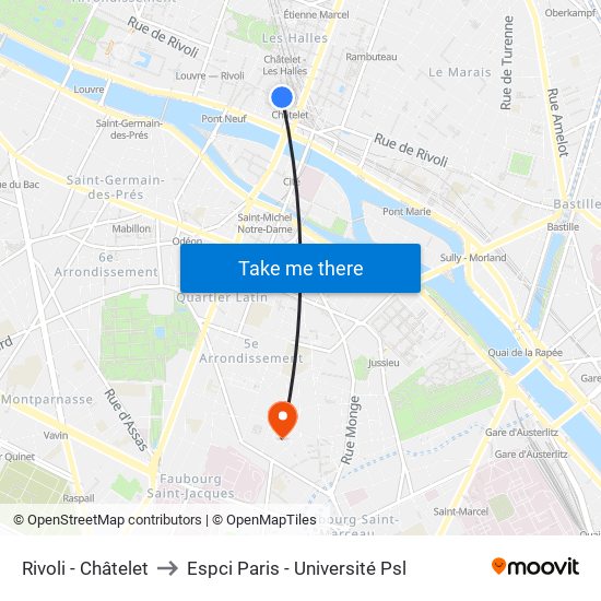 Rivoli - Châtelet to Espci Paris - Université Psl map