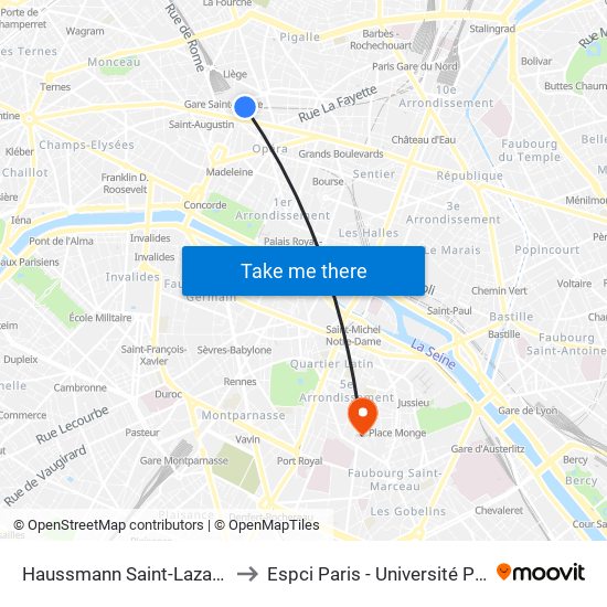 Haussmann Saint-Lazare to Espci Paris - Université Psl map