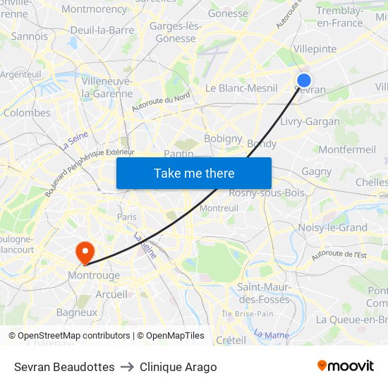 Sevran Beaudottes to Clinique Arago map
