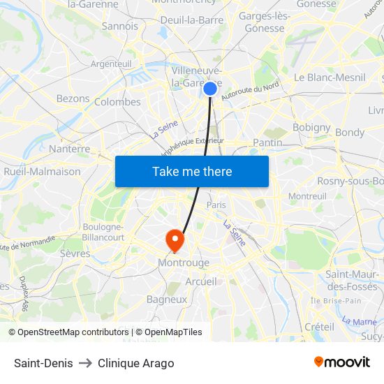 Saint-Denis to Clinique Arago map