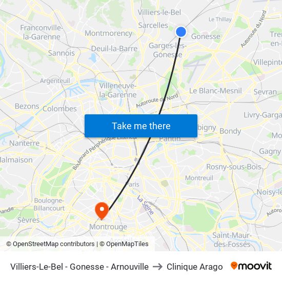 Villiers-Le-Bel - Gonesse - Arnouville to Clinique Arago map