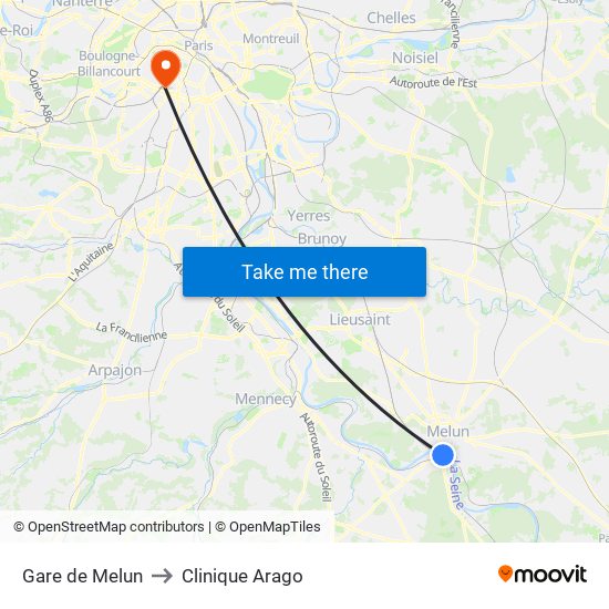 Gare de Melun to Clinique Arago map