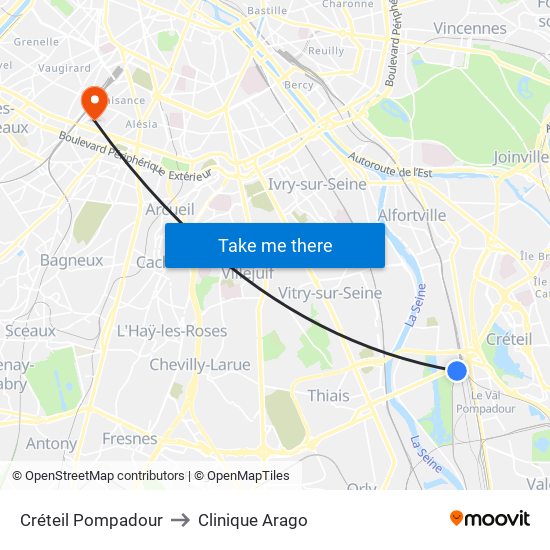 Créteil Pompadour to Clinique Arago map