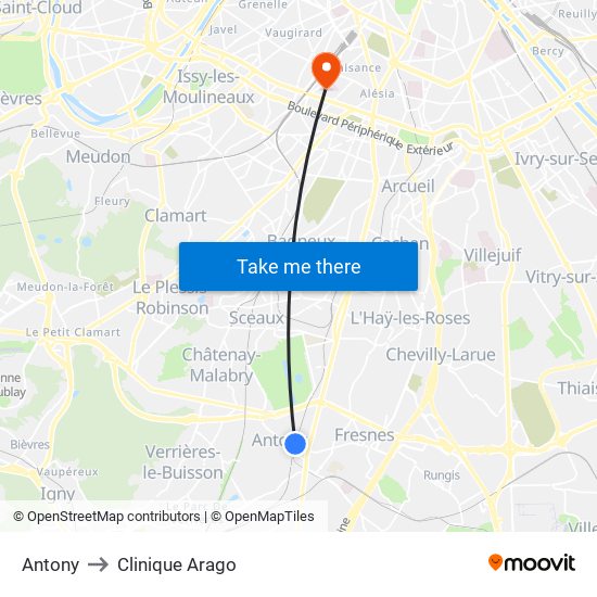 Antony to Clinique Arago map