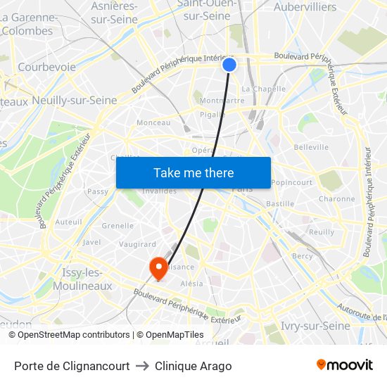 Porte de Clignancourt to Clinique Arago map