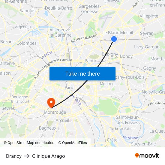Drancy to Clinique Arago map
