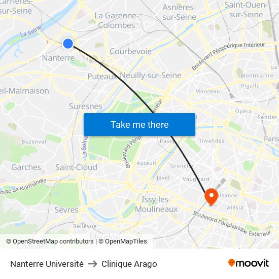 Nanterre Université to Clinique Arago map