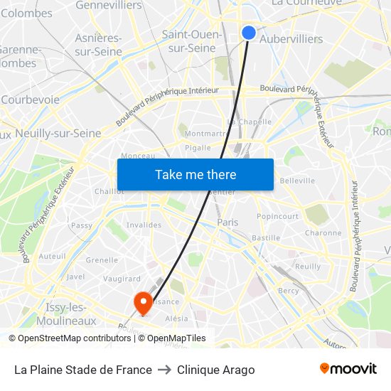 La Plaine Stade de France to Clinique Arago map