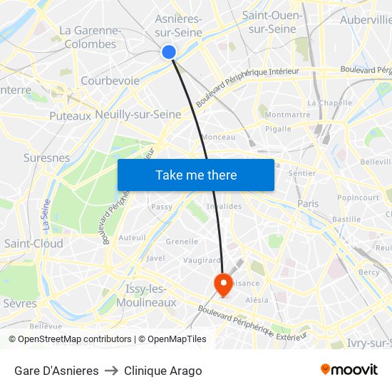 Gare D'Asnieres to Clinique Arago map