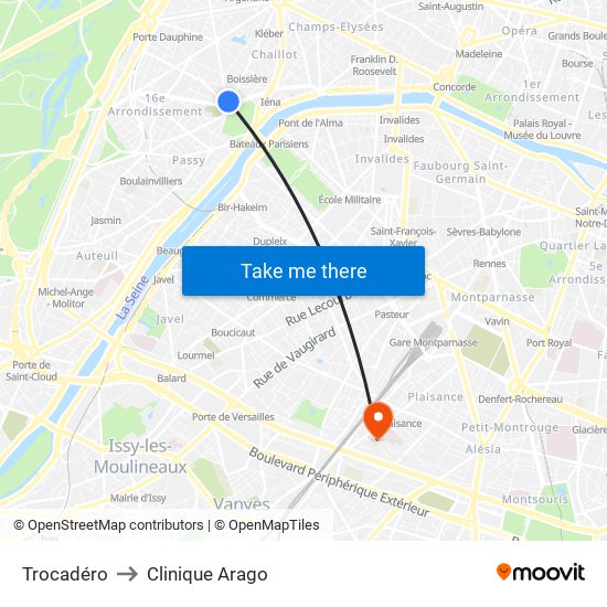 Trocadéro to Clinique Arago map