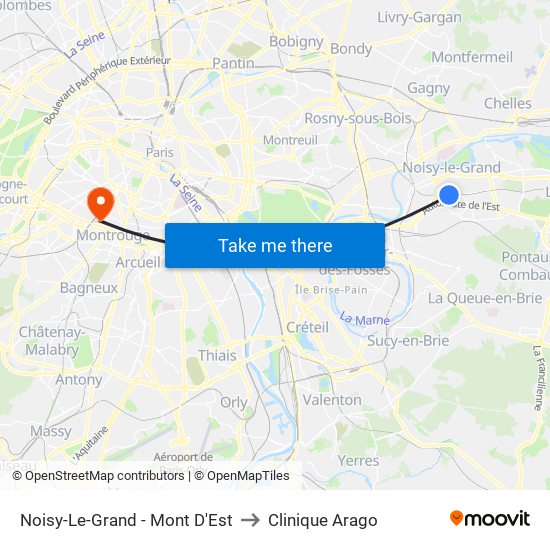 Noisy-Le-Grand - Mont D'Est to Clinique Arago map