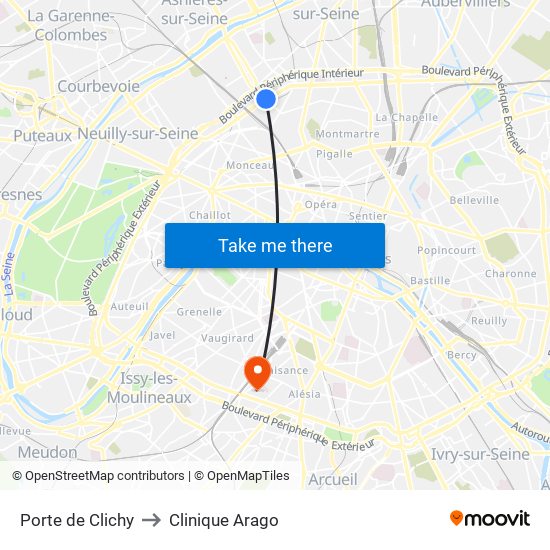 Porte de Clichy to Clinique Arago map