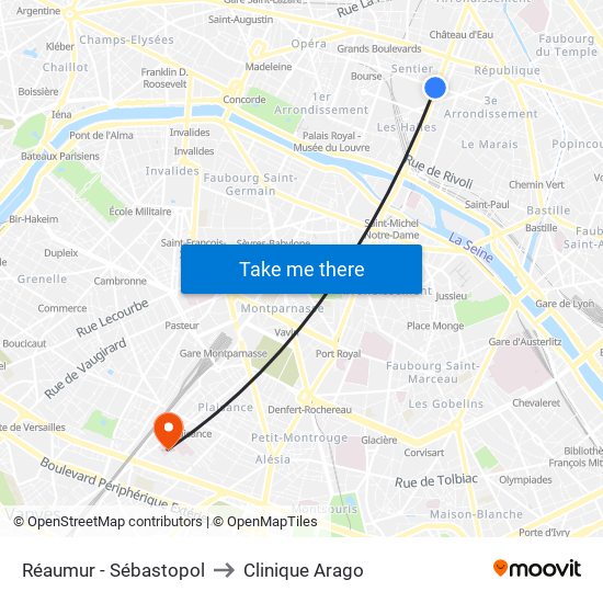 Réaumur - Sébastopol to Clinique Arago map