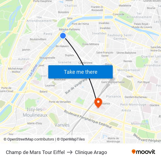 Champ de Mars Tour Eiffel to Clinique Arago map