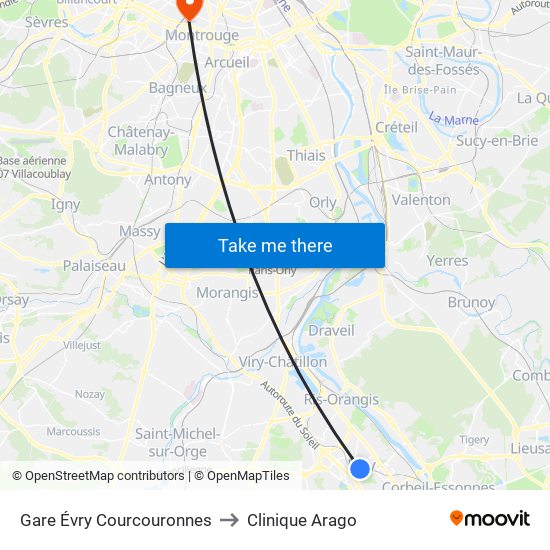 Gare Évry Courcouronnes to Clinique Arago map