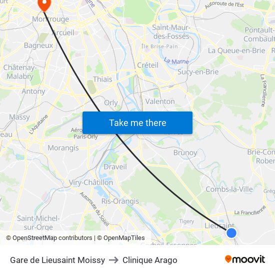 Gare de Lieusaint Moissy to Clinique Arago map