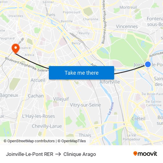 Joinville-Le-Pont RER to Clinique Arago map