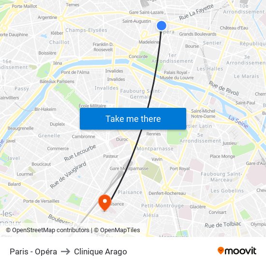 Paris - Opéra to Clinique Arago map