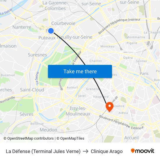 La Défense (Terminal Jules Verne) to Clinique Arago map