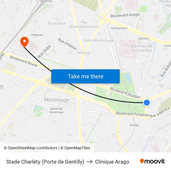 Stade Charléty (Porte de Gentilly) to Clinique Arago map