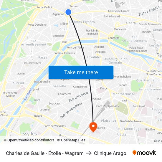 Charles de Gaulle - Étoile - Wagram to Clinique Arago map