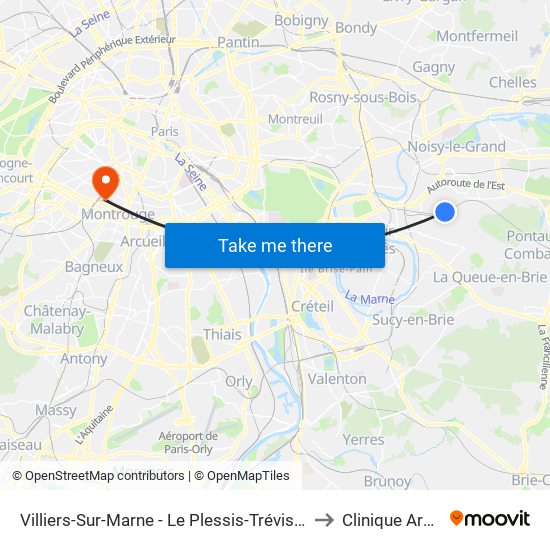 Villiers-Sur-Marne - Le Plessis-Trévise RER to Clinique Arago map