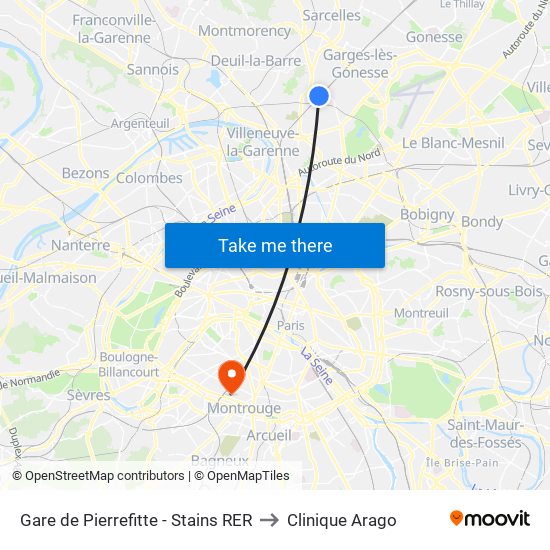 Gare de Pierrefitte - Stains RER to Clinique Arago map