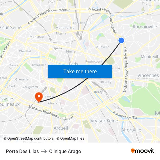 Porte Des Lilas to Clinique Arago map