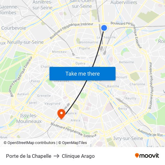 Porte de la Chapelle to Clinique Arago map