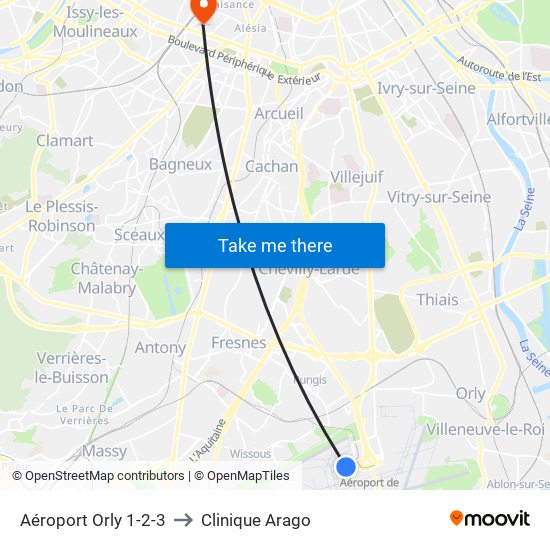 Aéroport Orly 1-2-3 to Clinique Arago map