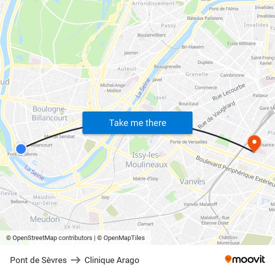 Pont de Sèvres to Clinique Arago map