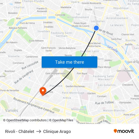 Rivoli - Châtelet to Clinique Arago map