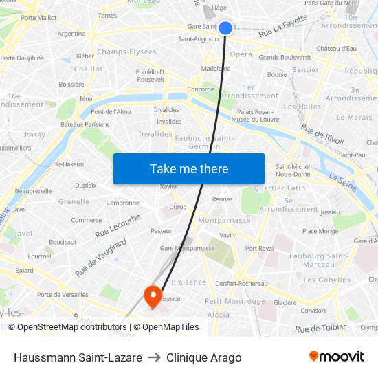 Haussmann Saint-Lazare to Clinique Arago map