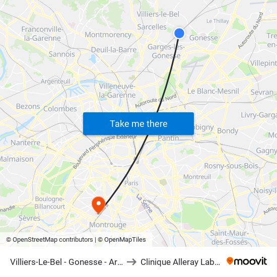 Villiers-Le-Bel - Gonesse - Arnouville to Clinique Alleray Labrouste map