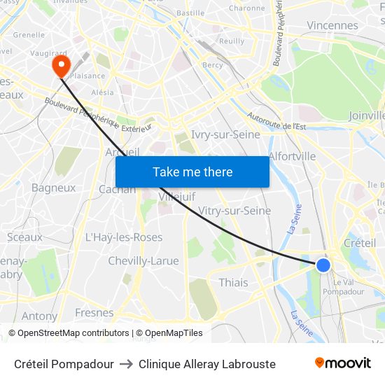 Créteil Pompadour to Clinique Alleray Labrouste map