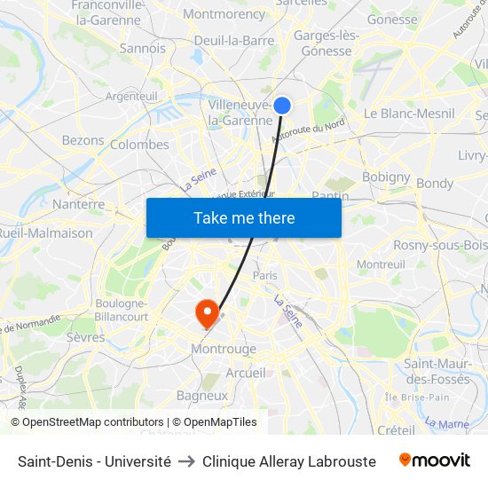 Saint-Denis - Université to Clinique Alleray Labrouste map