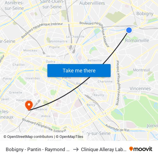 Bobigny - Pantin - Raymond Queneau to Clinique Alleray Labrouste map