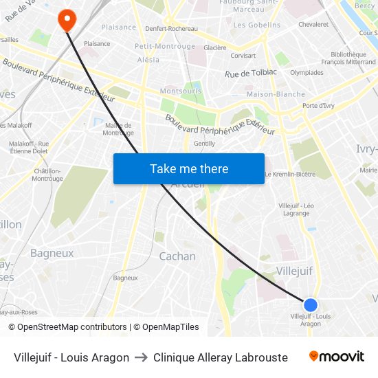 Villejuif - Louis Aragon to Clinique Alleray Labrouste map