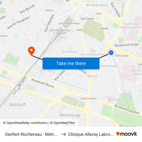 Denfert-Rochereau - Métro-Rer to Clinique Alleray Labrouste map