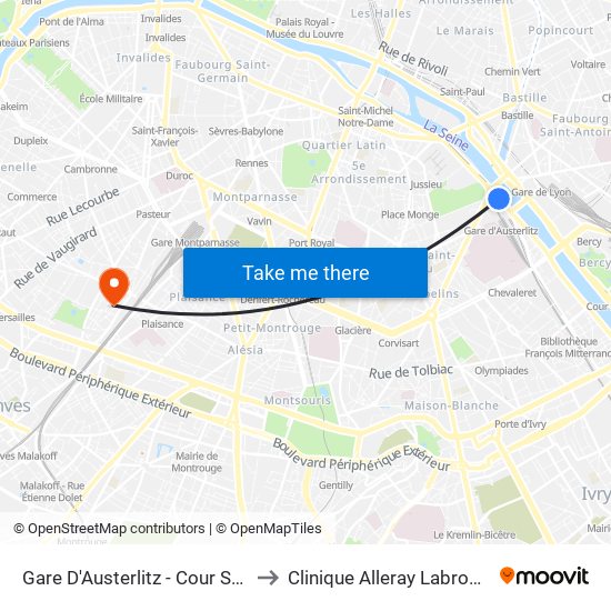 Gare D'Austerlitz - Cour Seine to Clinique Alleray Labrouste map