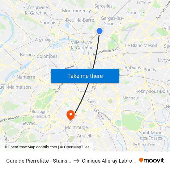 Gare de Pierrefitte - Stains RER to Clinique Alleray Labrouste map