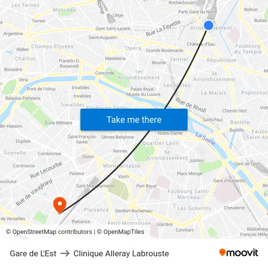 Gare de L'Est to Clinique Alleray Labrouste map