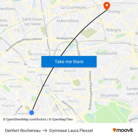 Denfert-Rochereau to Gymnase Laura Flessel map