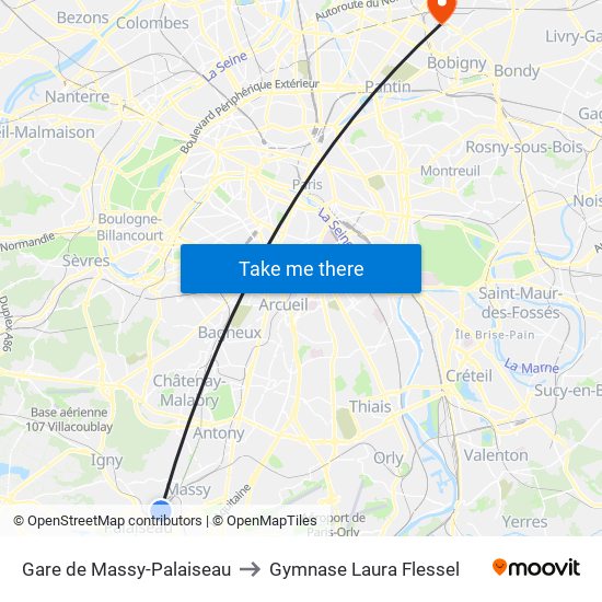 Gare de Massy-Palaiseau to Gymnase Laura Flessel map