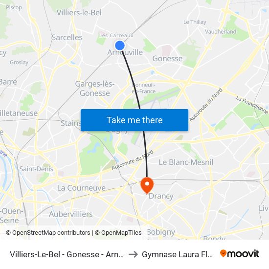 Villiers-Le-Bel - Gonesse - Arnouville to Gymnase Laura Flessel map