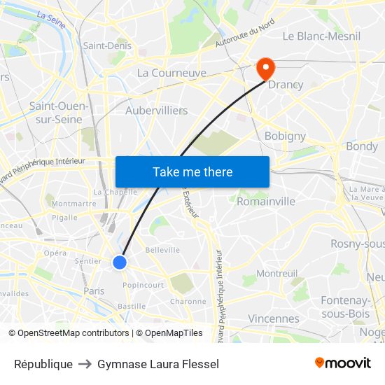 République to Gymnase Laura Flessel map