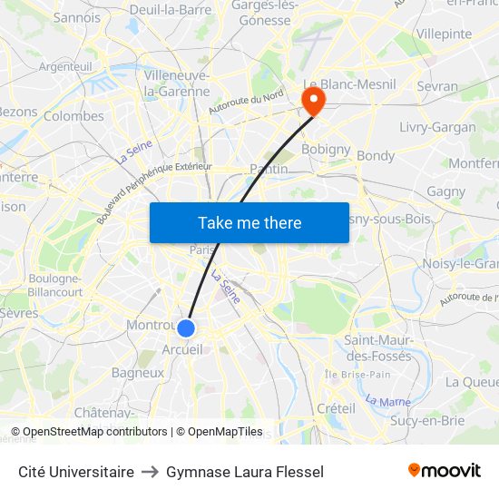 Cité Universitaire to Gymnase Laura Flessel map